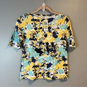 Charter Club Tee Floral Short Sleeve 100% Pima Cotton Boat Neck Top Sz MP NWT
